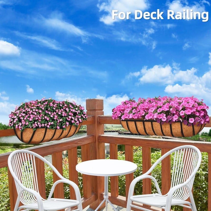 YM 24'' Outdoor Planters, 2 Pack Window Boxes with Coconut Coir Liner, Hanging Flower Planter for Balcony, Porch, Fence, Patio Rail - Image 3